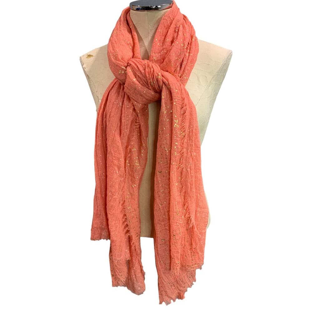 Natasha Lightweight Scarf Salmon Gold Speckles Raw Edge 33 x 84 Inches